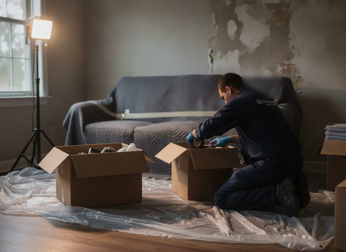 A restoration technician kneeling to tape a pack-out box beside a blanket-wrapped sofa in a water-damaged living room
