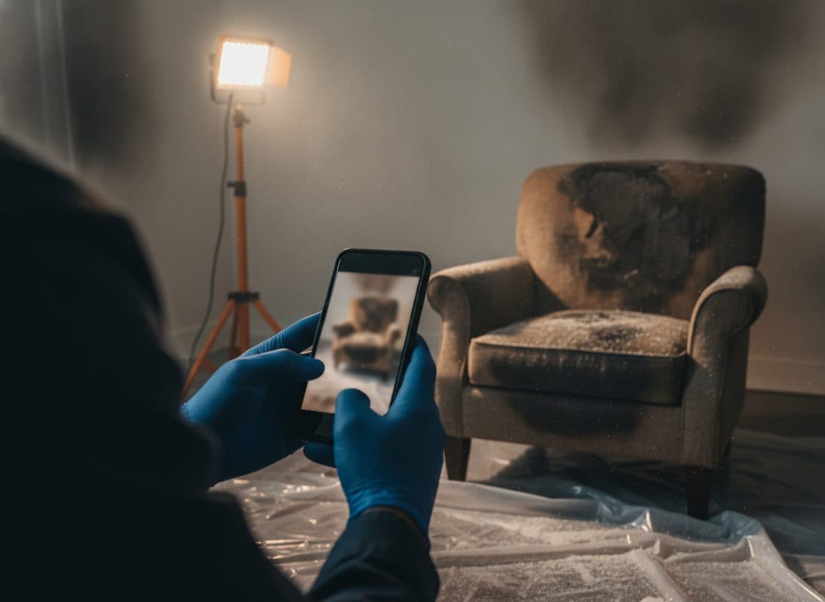 A restoration technician's gloved hands photographing a soot-damaged armchair with a phone in a smoke-damaged room