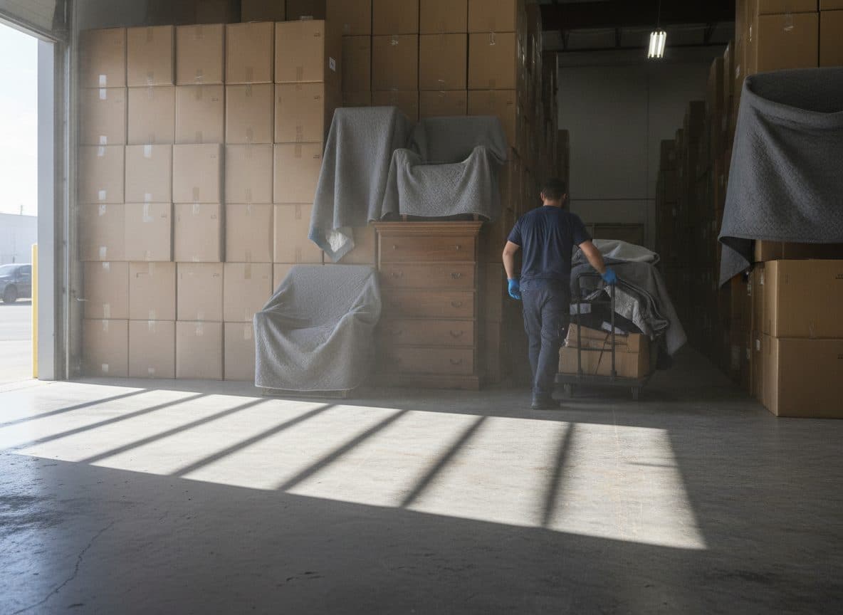 A restoration contractor moving a cart of blanket-wrapped furniture past stacked pack-out boxes in an iCat-run warehouse