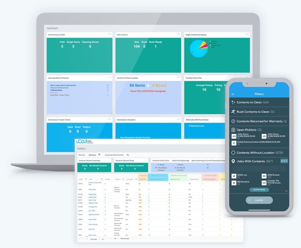 An iCat management dashboard showing job and production statistics across active contents jobs