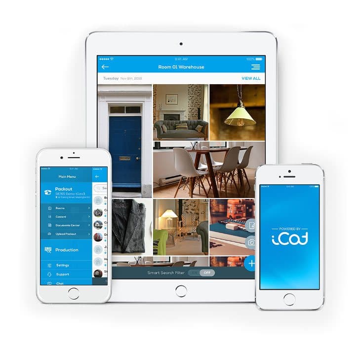 The iCat app running on an iPad and three phones, showing contents capture, valuation, and production in the field
