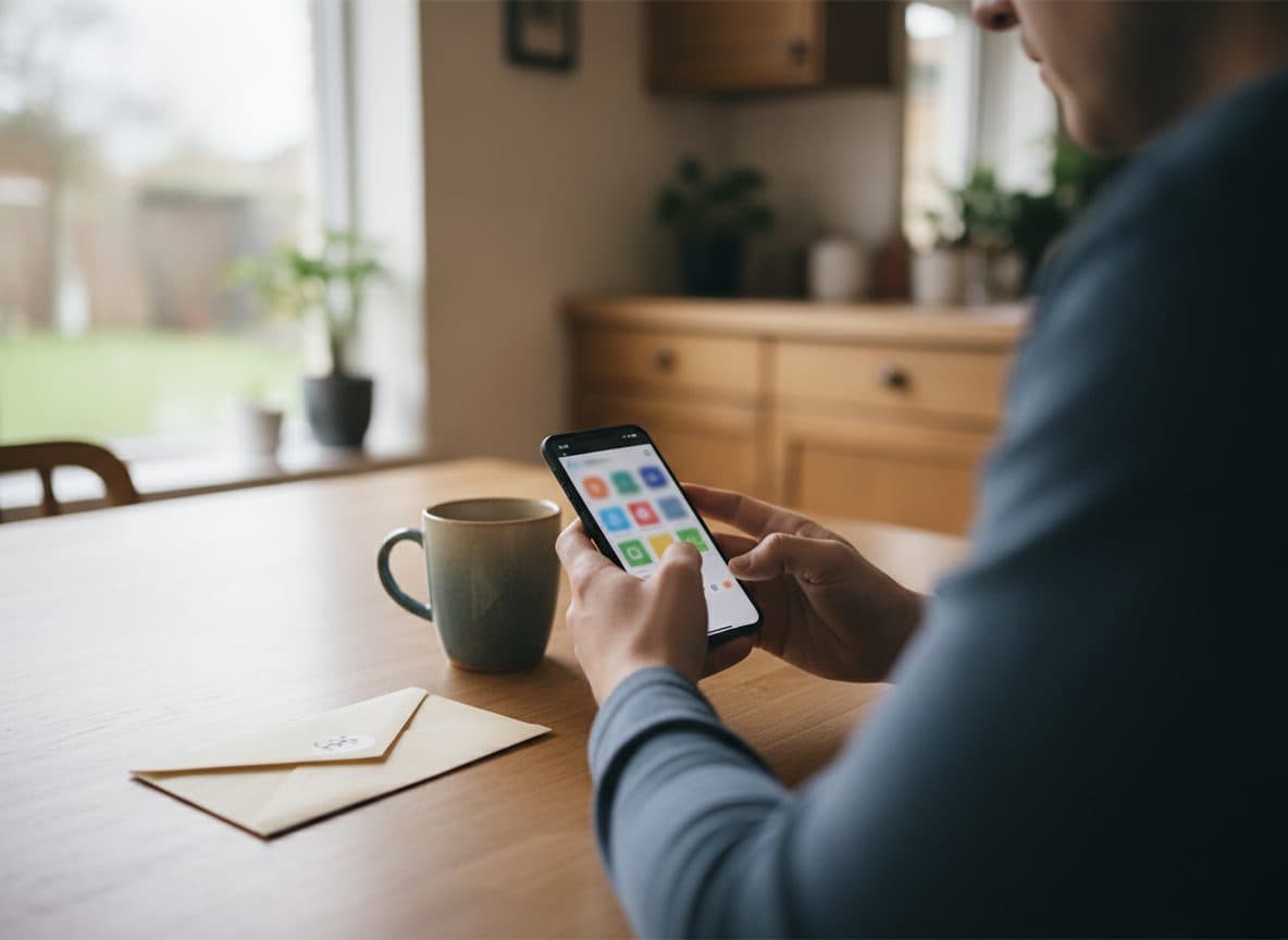 A homeowner at a kitchen table checking their contents job progress on a phone