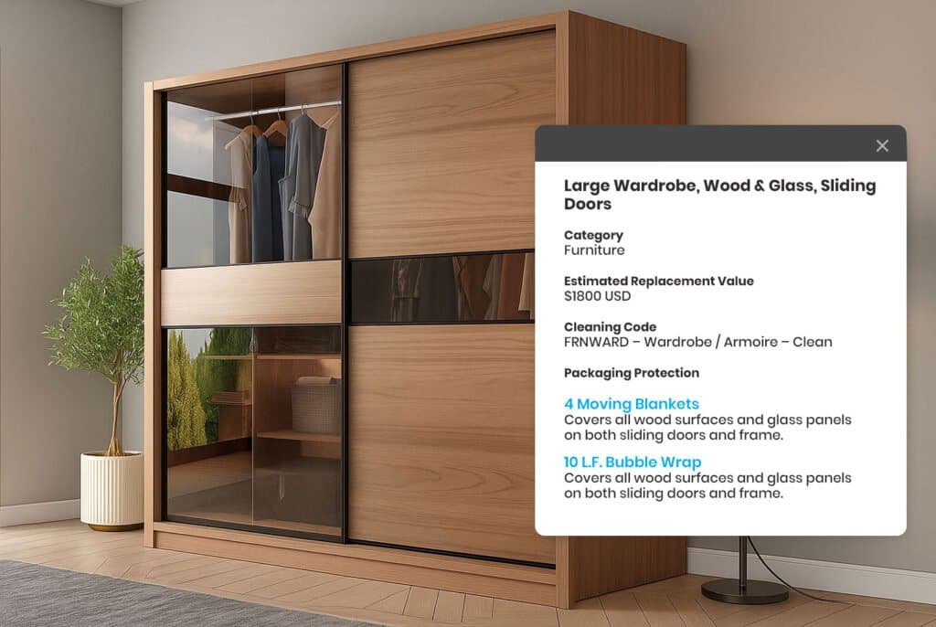 An iCat item card beside a wardrobe listing the estimated moving blankets and bubble wrap for the pack-out