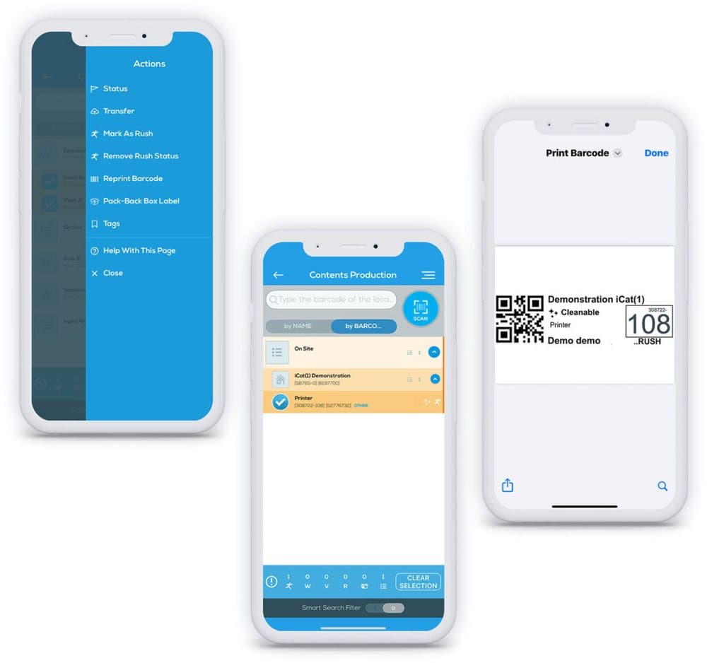 Three phone screens showing iCat job actions, contents production status, and a pack-back barcode label
