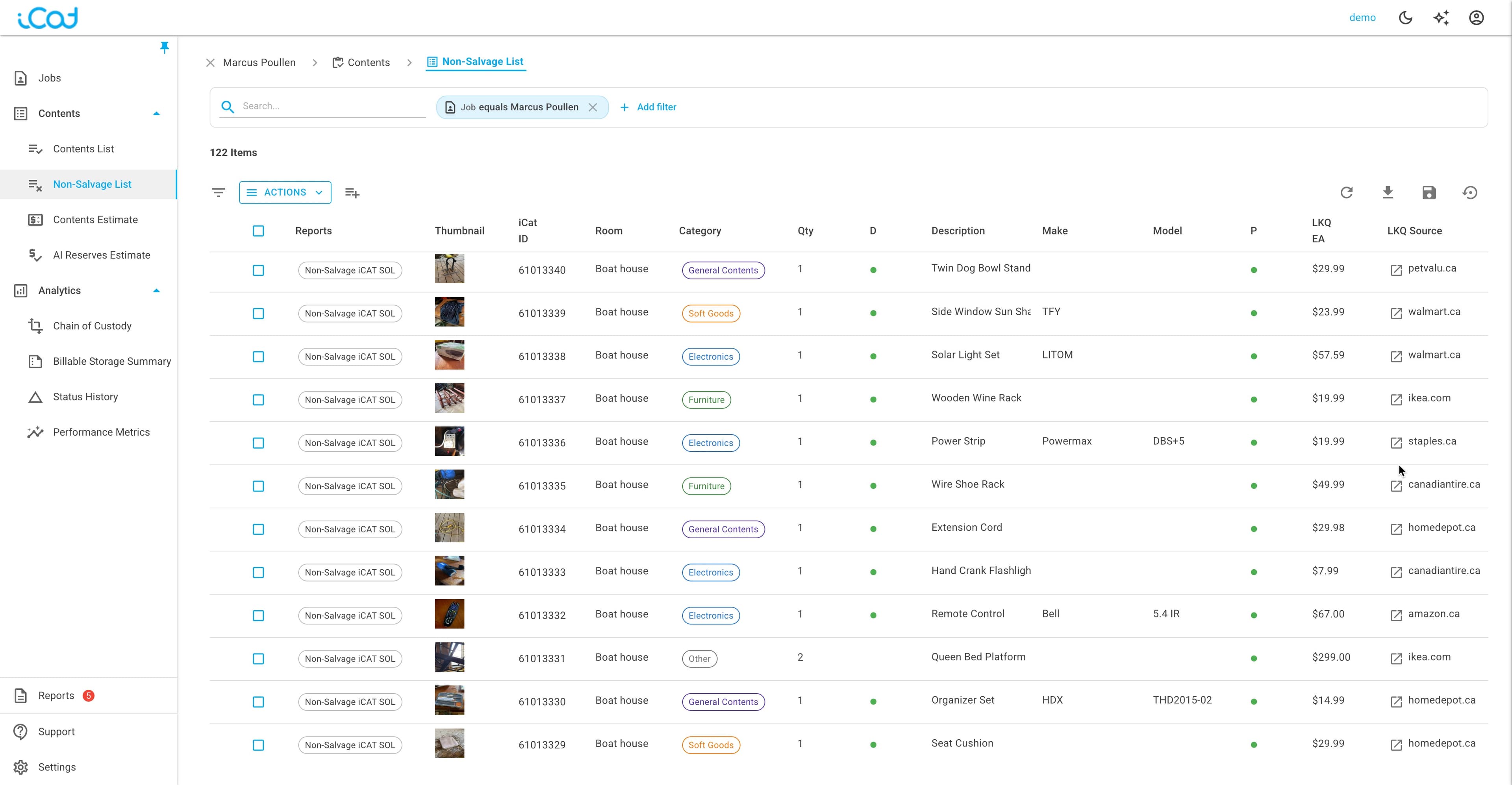 The iCat non-salvage valuation and priced schedule of loss shown in the desktop app